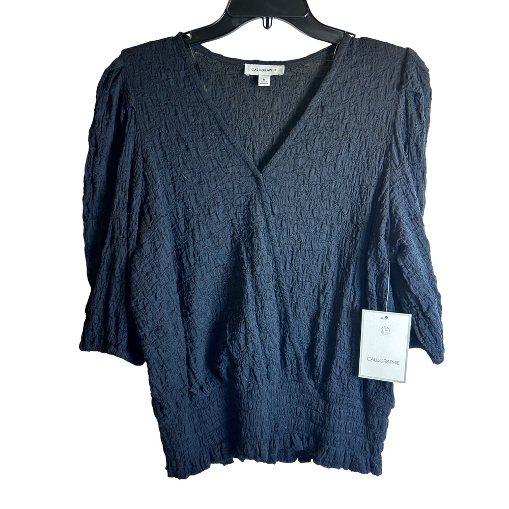 Calligraphie Blouse Size M Black Smocked Textured Puff Sleeve Top Womens